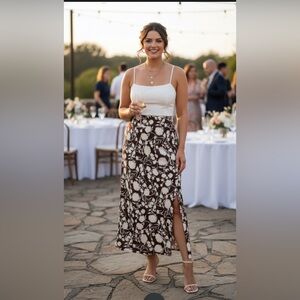Halogen Brown and Cream Floral Maxi Skirt with Slit